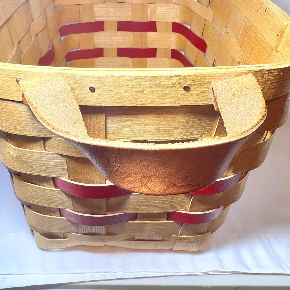 Peterboro Woven Basket Co. 1854-Picnic/Storage-W/Lid-Retired Tan/Red-Hand Made